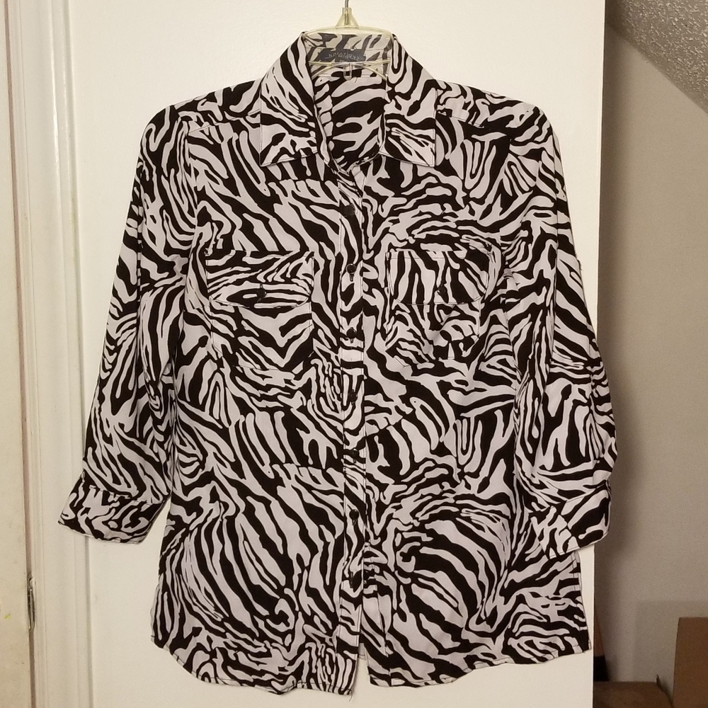 Notations Black and White Tiger Print Blouse - Petite
